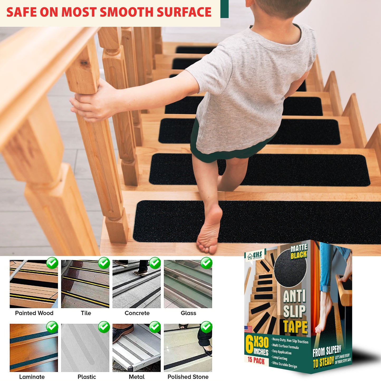 EHS 6x30” Anti Slip Tape Outdoor Stair Treads Non-Slip (15-Packs Black )