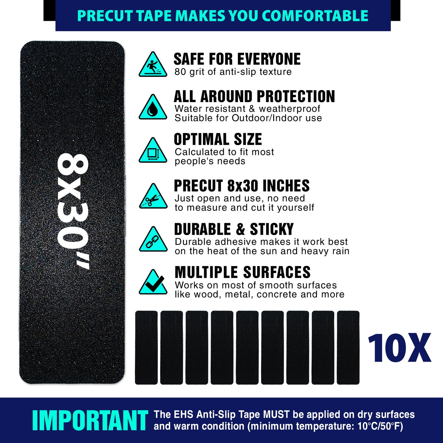 EHS 8x30” Anti Slip Tape Outdoor Stair Treads Non-Slip (10-Packs Black )