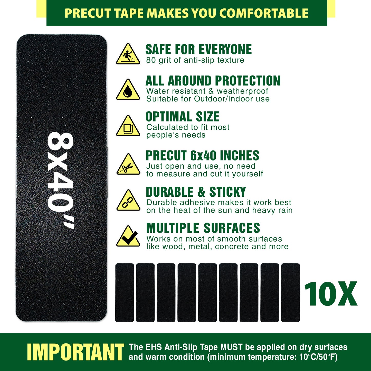 EHS 8x40” Anti Slip Tape Outdoor Stair Treads Non-Slip (10-Packs Black )