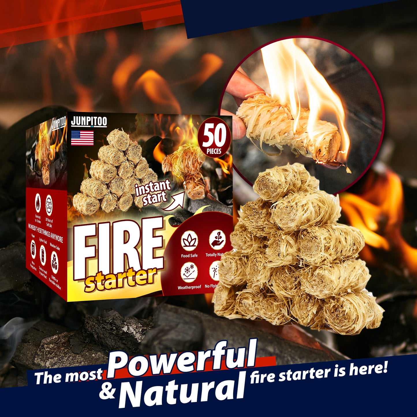 FIRESHEL Fire Starters for Fireplace, Natural Firestarters Sticks for Indoor and Outdoor - 50 pcs