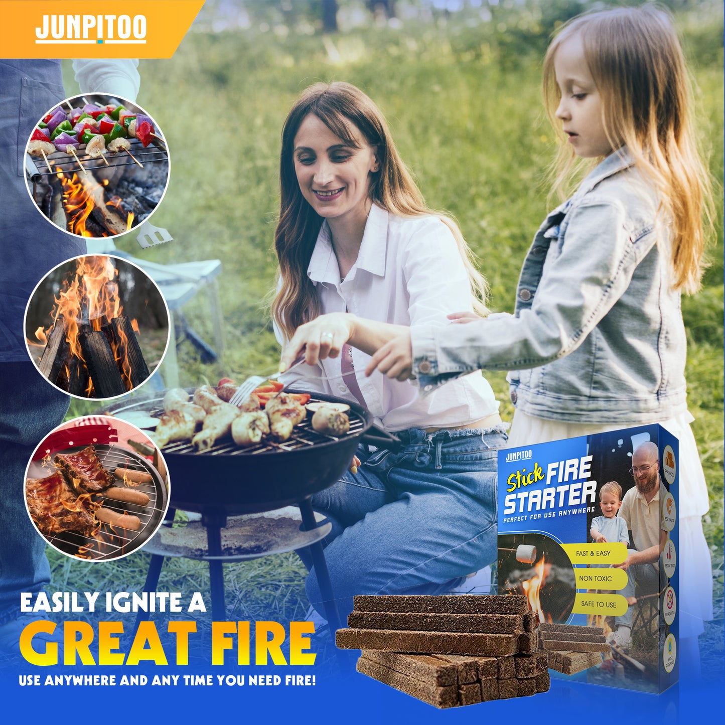 JUNPITOO Natural Fire Starters for Fireplace, All Weather Charcoal Starters Waterproof Indoor/Outdoor Eco Friendly