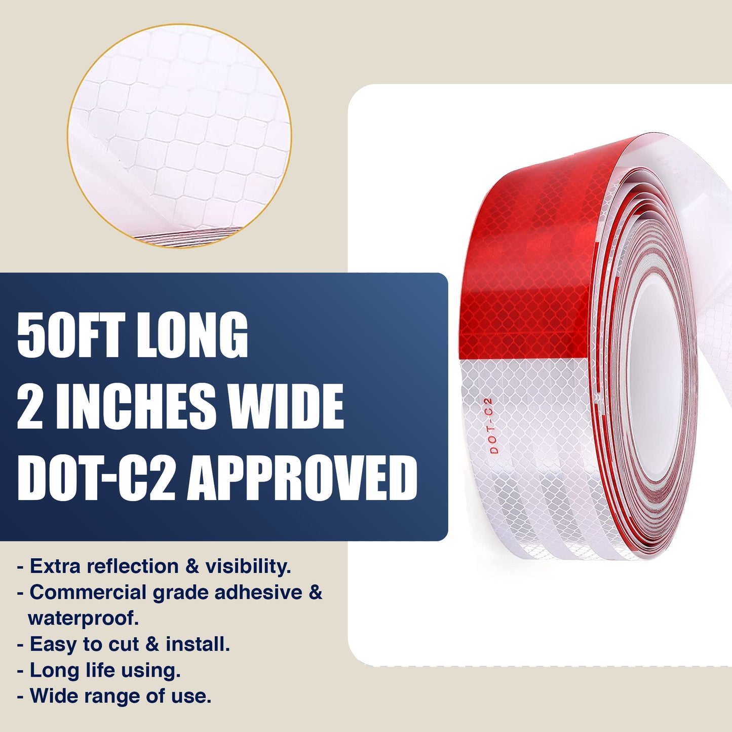EHS 2in x 100FT Reflective Safety Tape DOT-C2 Waterproof Red and White Adhesive conspicuity tape for trailer, outdoor, cars, trucks