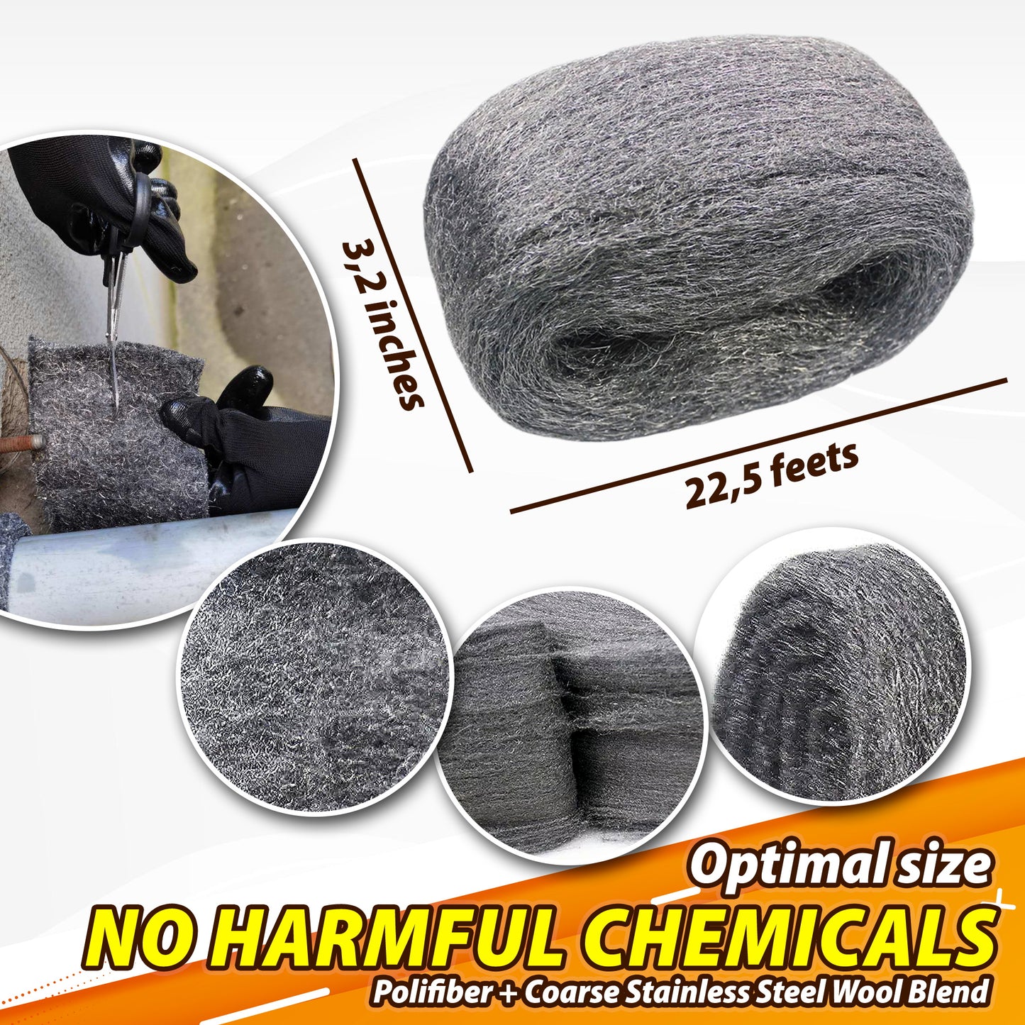 FIRESHEL Steel Wool Mice Fabric Roll Control 2 Pcs Total (3.2”x 22.5 Feet) - Gap Fill Fabric - Block Holes, Wall Cracks, Cleans Rusty Tools, Hardware DIY Kit - One Pair of Gloves and Scissor Included