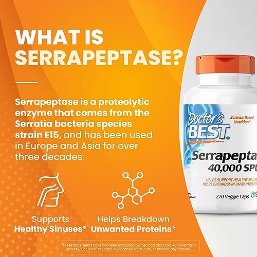 Doctor's Best Serrapeptase, Non-GMO, Gluten Free, Vegan, Supports Healthy Sinuses, 40,000 SPU, 270 Count (Pack of 1)