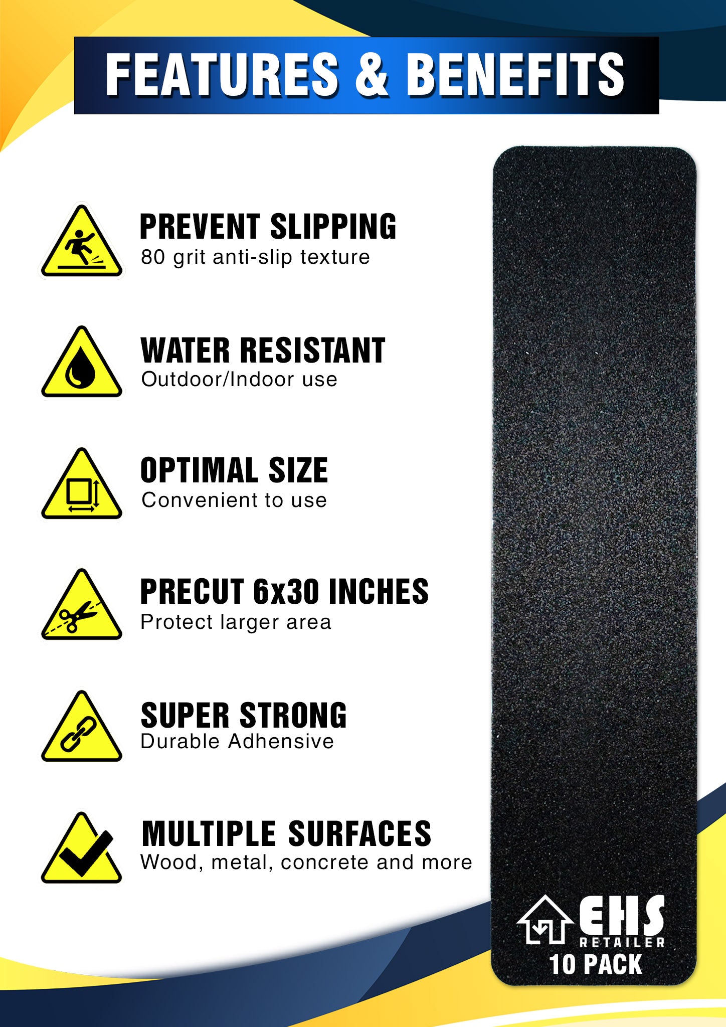 6”x30” Anti Slip Tape Outdoor Stair Treads Non-Slip (10-Packs Black ) Non Slip Tape - Prose Gold 