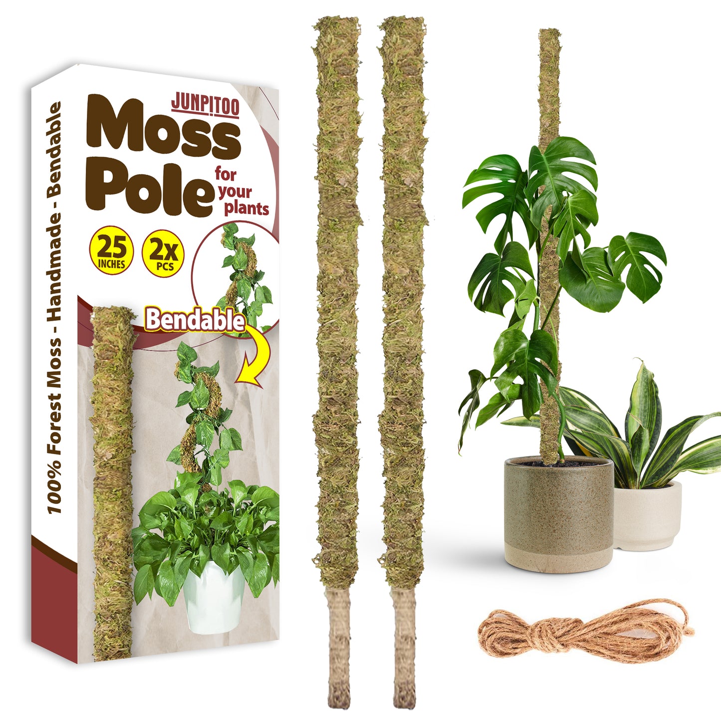JUNPITOO Moss Poles for Climbing Plants (2 Pack 25 Inches- Bendable) - 100% Forest Sphagnum Moss Sticks - Slim Plant Stakes for Small and Medium Potted Plants Indoor, Monstera, Pothos.
